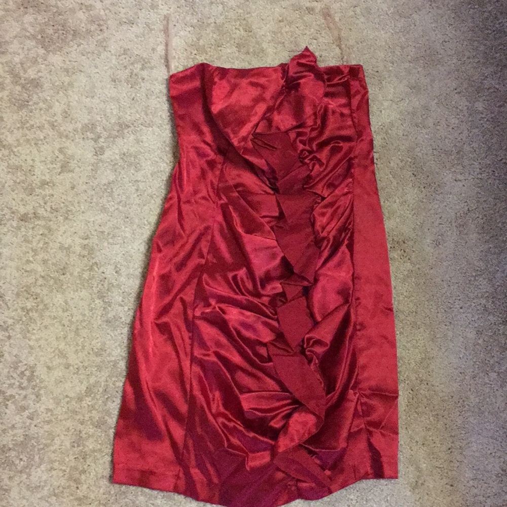 Red ruffled cocktail dress.